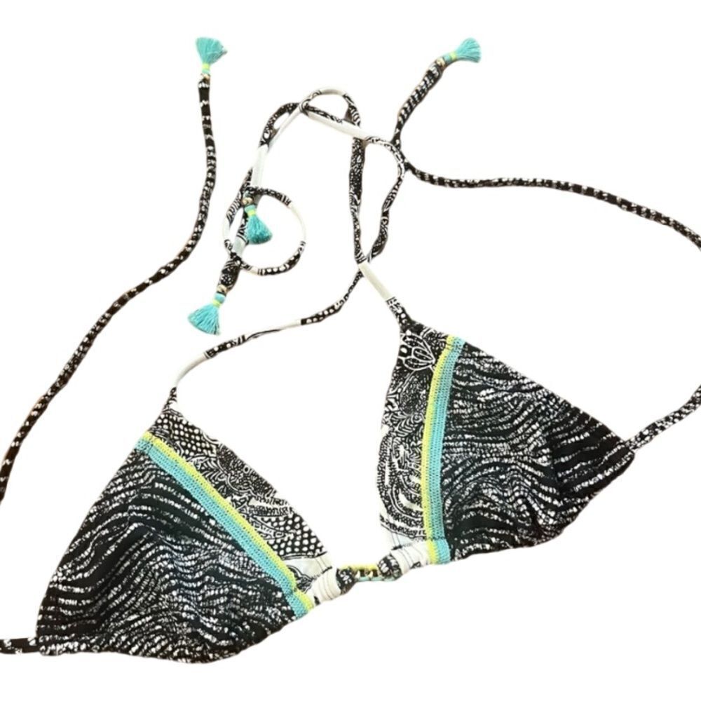 Victoria’s Secret Boho Triangle Bikini Top Black Print Tassel Chain Detail L